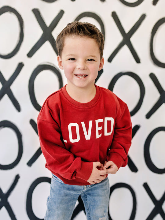 Red crewneck sweatshirt with bold &