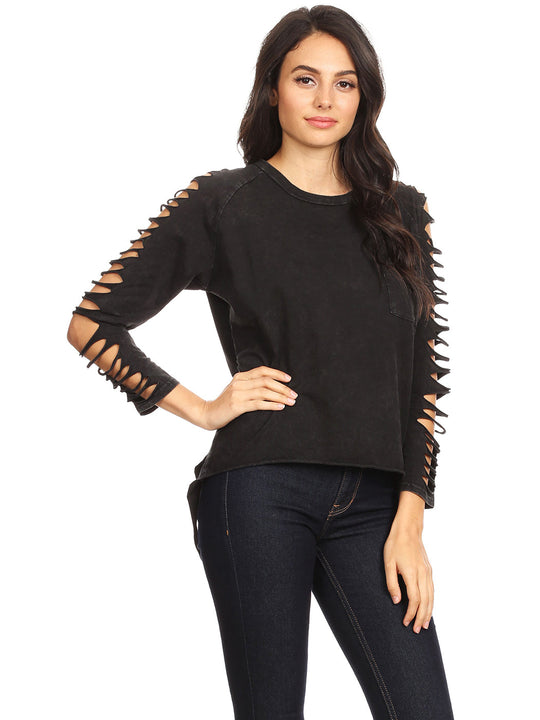 Black ripped long-sleeve pullover with lace-up sleeve cutouts and chest pocket