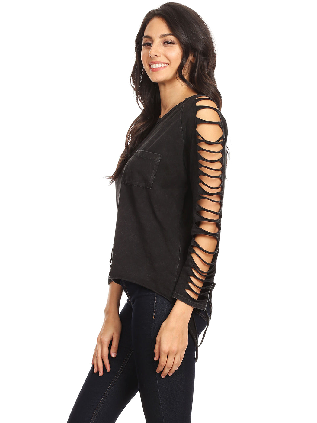 Ripped long-sleeve pullover top with strap cutouts on sleeves, black