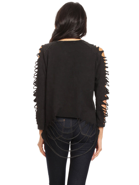 Back view of ripped long-sleeve pullover top with open side sleeve cutouts