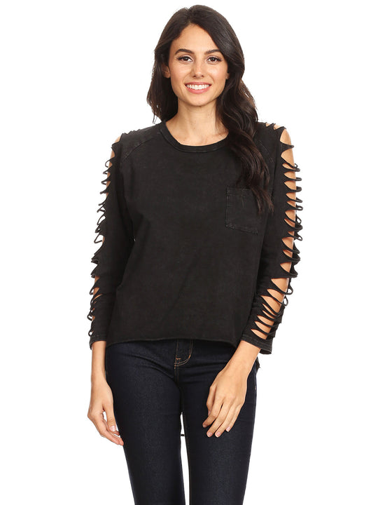 Ripped long-sleeve pullover top with front chest pocket, black