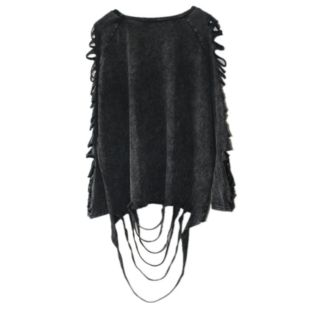 Ripped long-sleeve pullover top with layered fringe hem, black