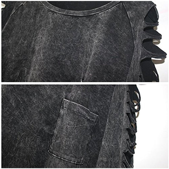 Long-sleeve pullover top chest pocket and distressed texture, black