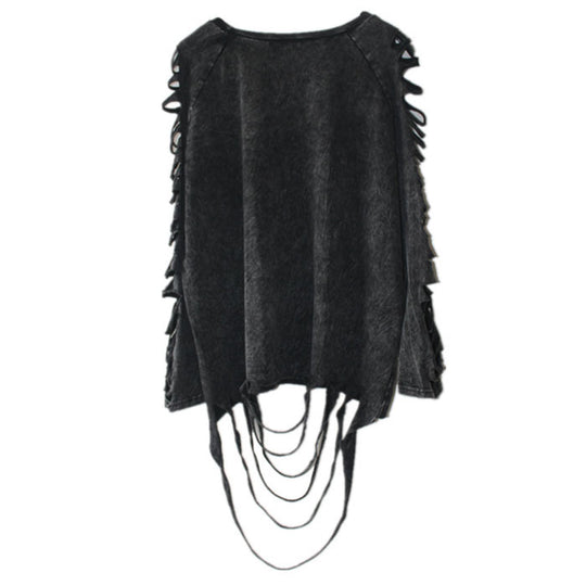 Ripped long-sleeve pullover top in dark black with fringe cutout sleeves