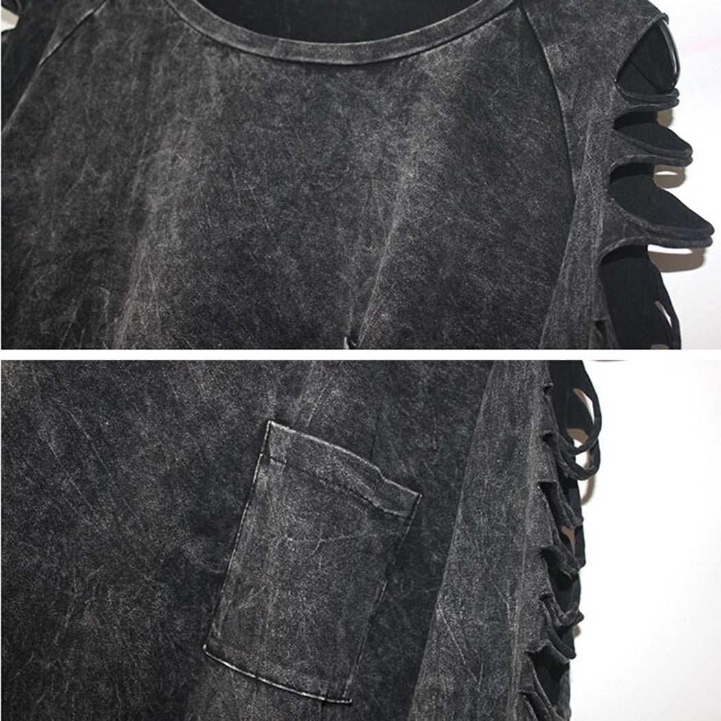 Long-sleeve pullover top chest pocket detail and distressed fabric, black
