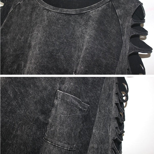 Long-sleeve pullover top chest pocket detail and distressed fabric, black