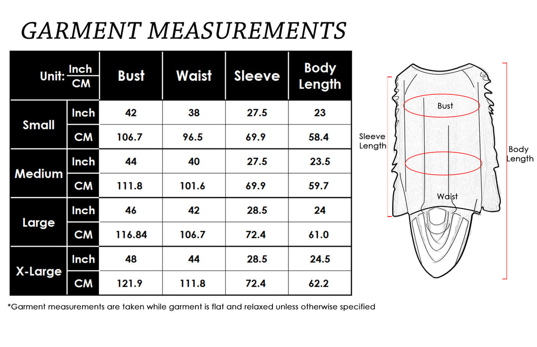 Garment measurements chart for ripped long-sleeve pullover top (inches and cm)