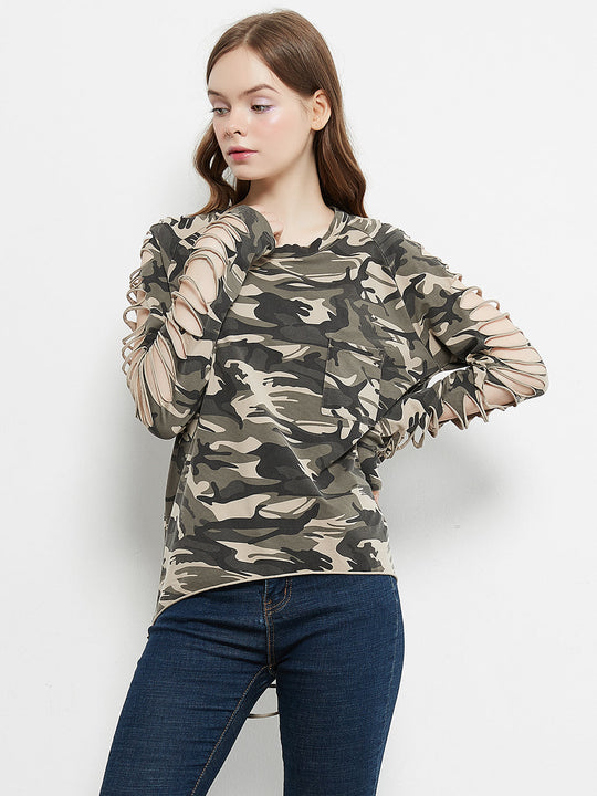 Camo ripped long-sleeve pullover with exposed slits at sleeves, front view