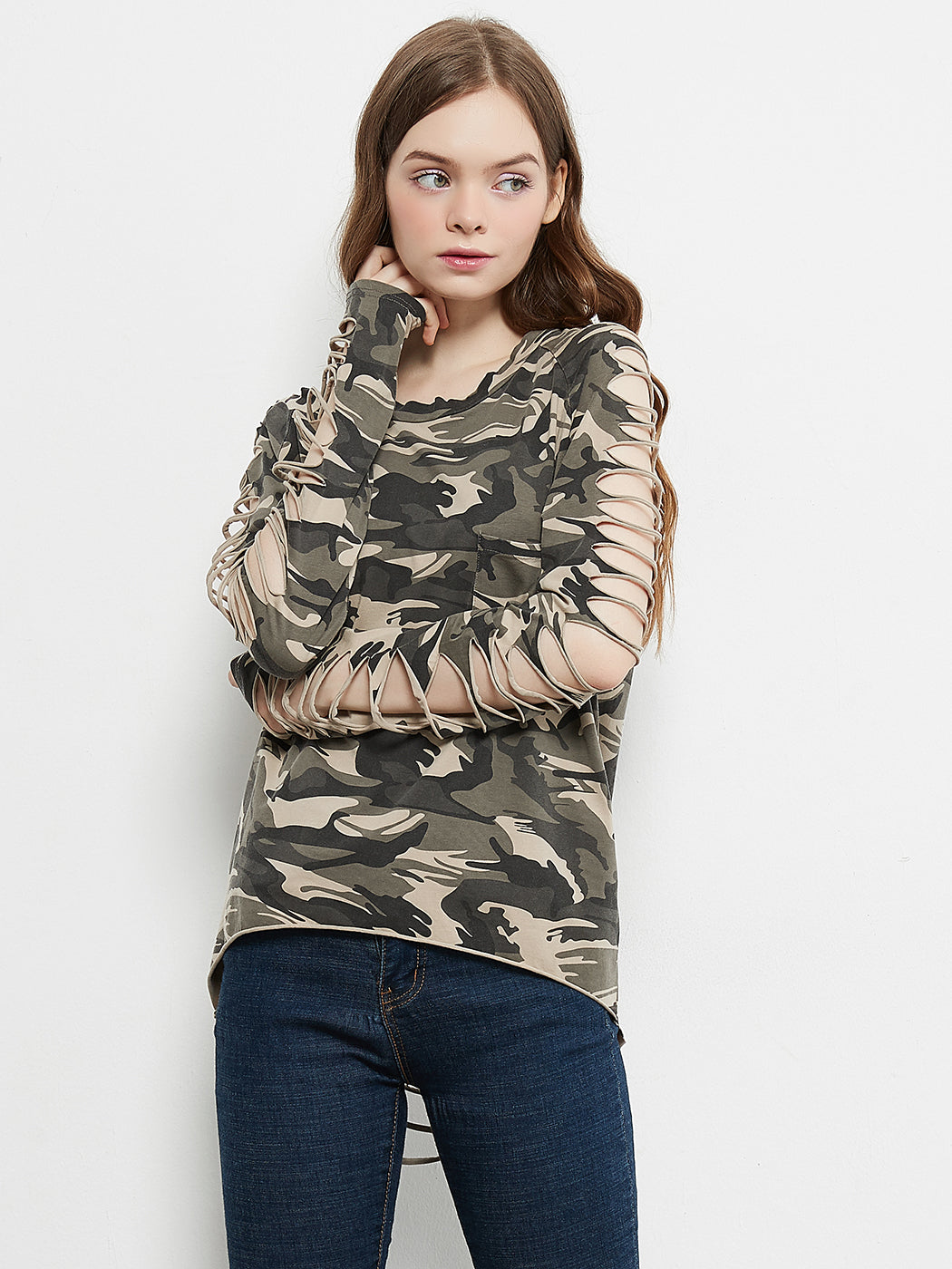 Camo ripped long-sleeve pullover with slashed sleeve openings, side front view