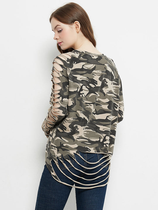 Camo ripped long-sleeve pullover with fringed, cut-out hem, back view