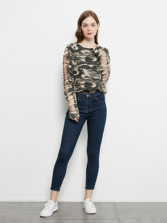 Camo ripped long-sleeve pullover top with crew neck and slashed sleeves