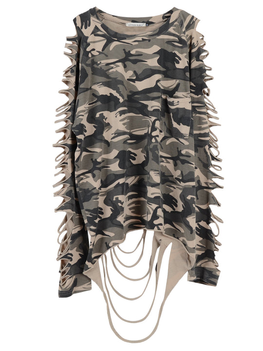 Camo long-sleeve pullover laid flat, ripped sides and fringed hem detail
