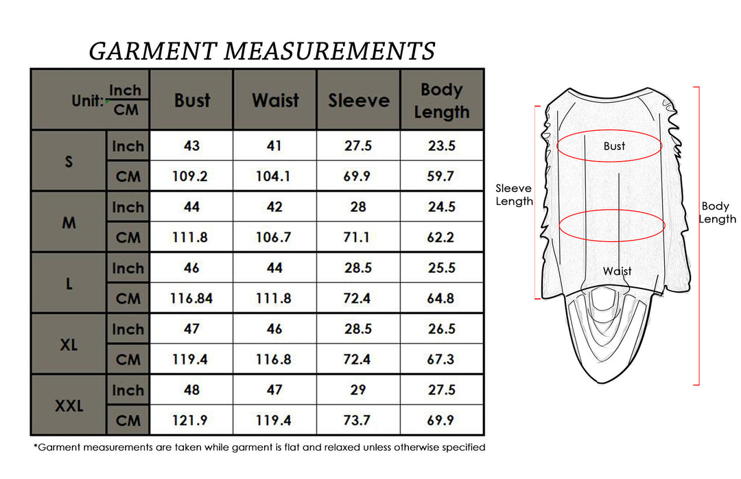 Garment measurements chart showing bust, waist, sleeve length, and body length
