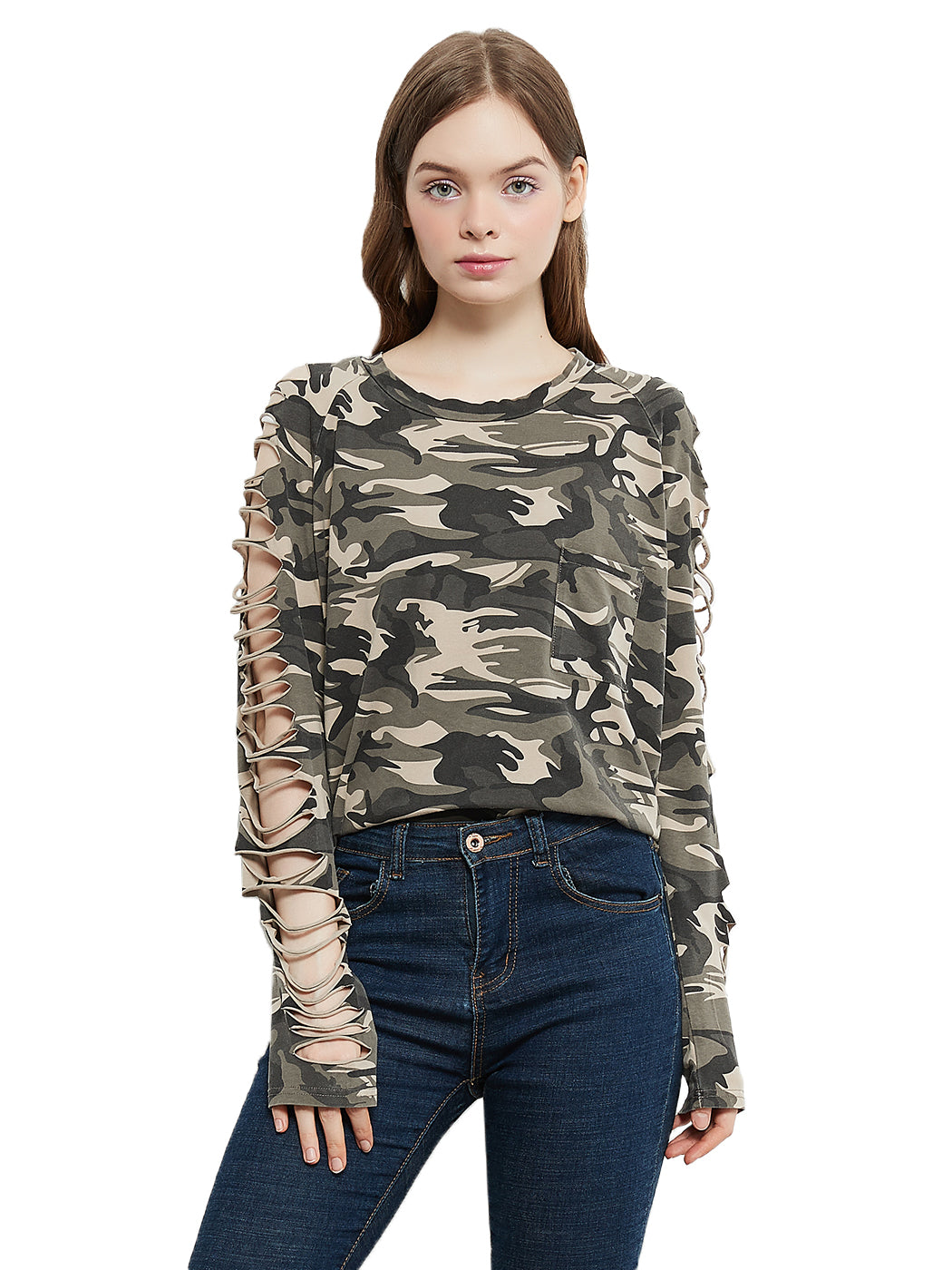 Ripped long-sleeve pullover top in camo print with sleeve cutouts