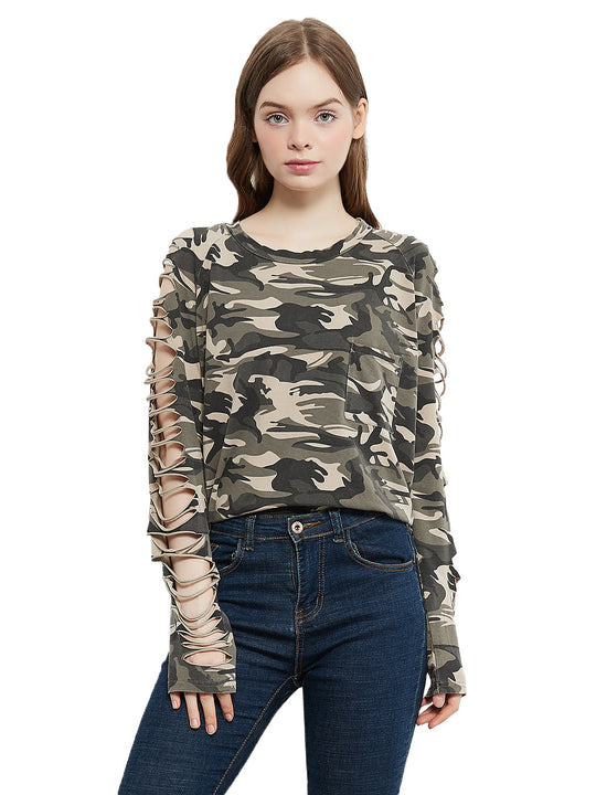 Ripped long-sleeve pullover top in camo print with sleeve cutouts