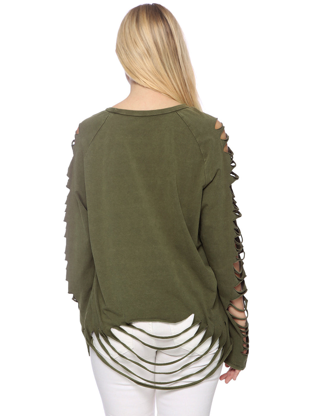 Back view: olive pullover with ladder-cut sleeve openings and raw hem