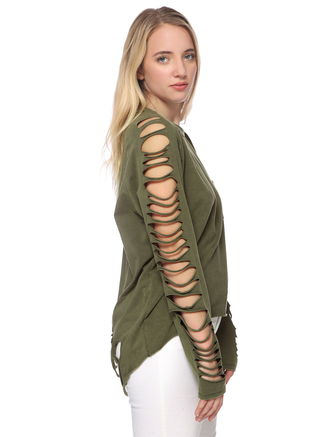 Olive long-sleeve top with diagonal cutout sleeve panels and crew neckline