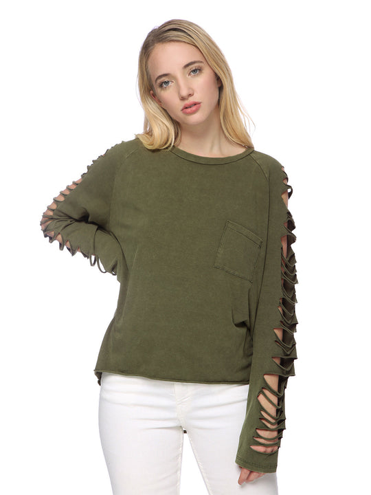 Olive ripped pullover with front patch pocket and ladder-cut shoulder sleeves