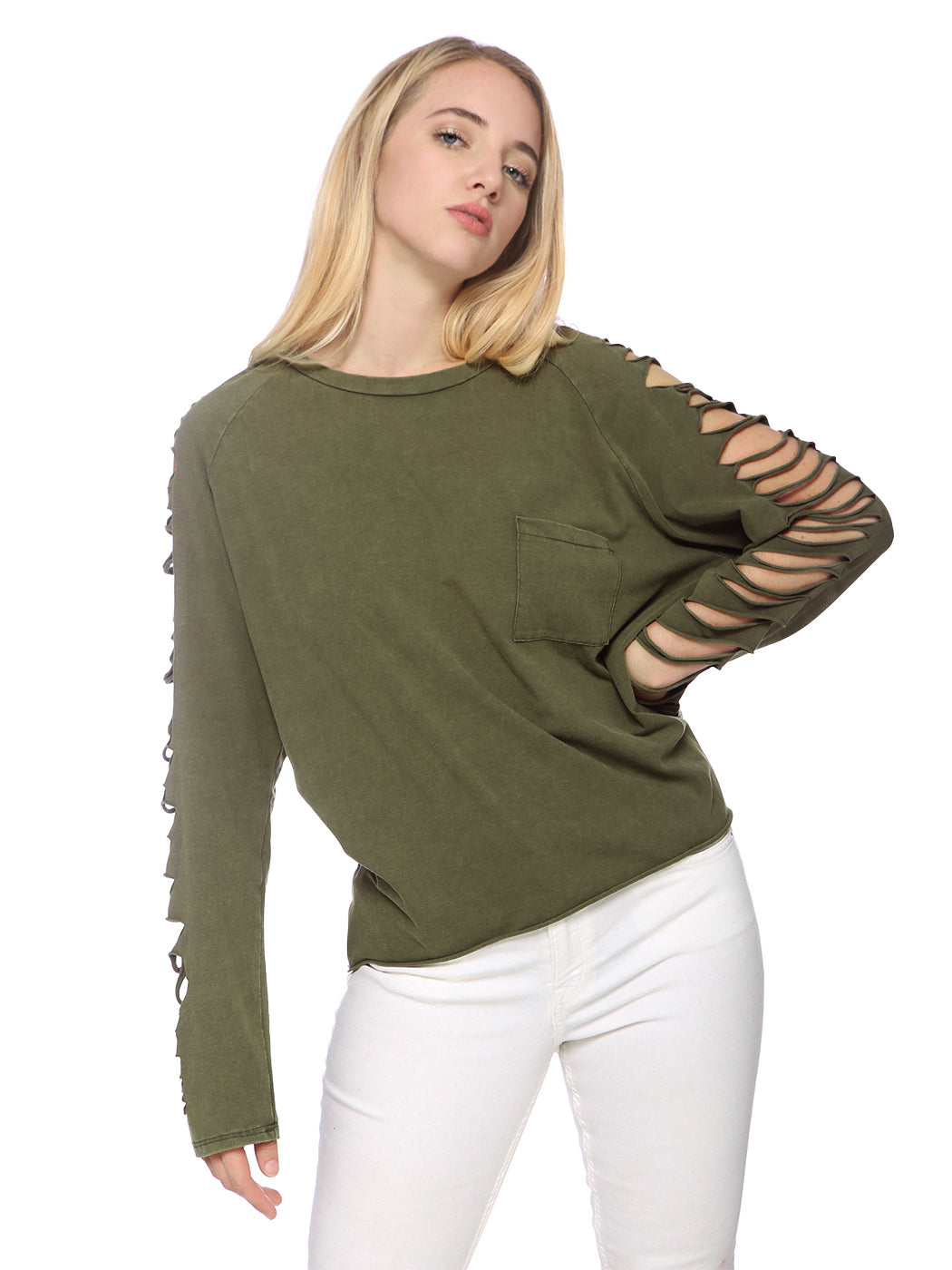 Olive long-sleeve pullover with slashed cutout sleeves, crew neck, and patch pocket