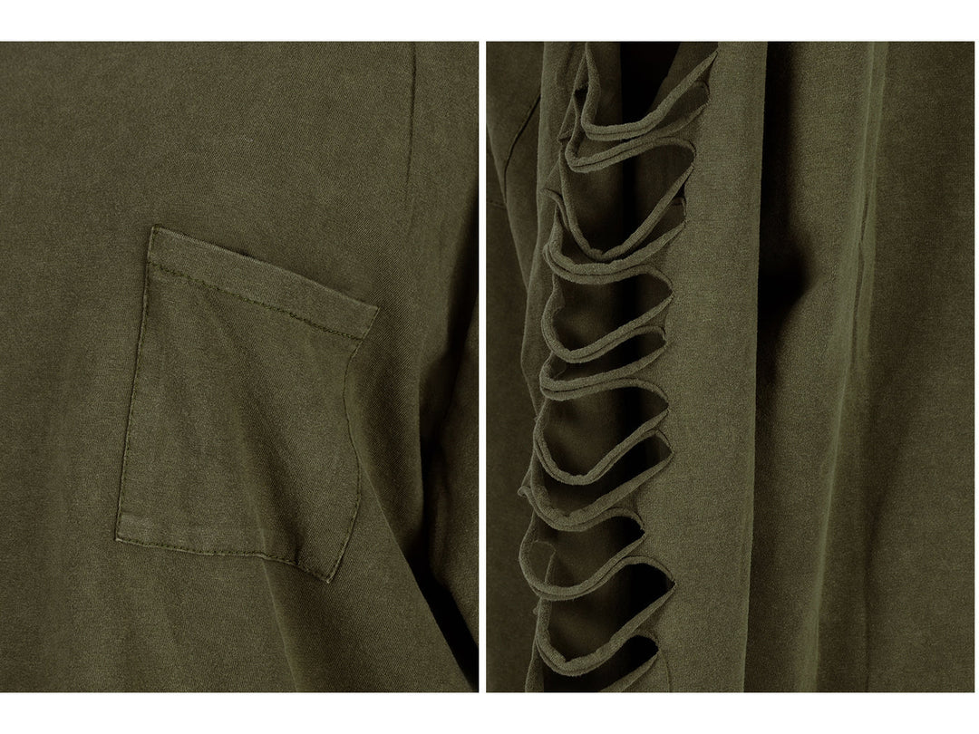 Olive fabric close-up: patch pocket and stitched cutout sleeve detail