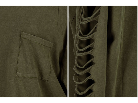 Olive fabric close-up: patch pocket and stitched cutout sleeve detail