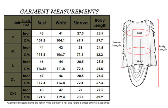 Garment measurements chart with bust, waist, sleeve, and body length
