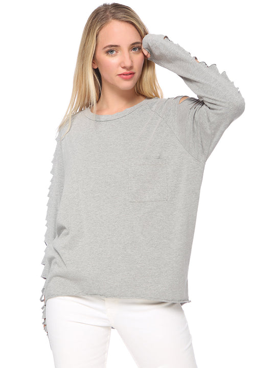 Ripped long-sleeve pullover top, light gray with torn sleeve edges