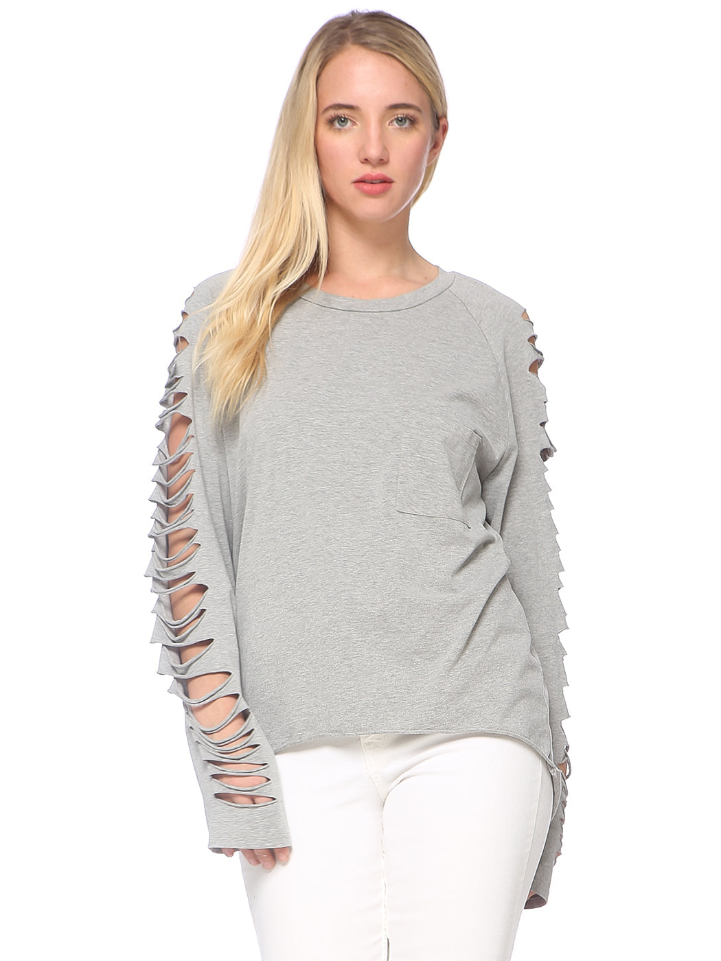 Ripped long-sleeve pullover top, light gray with arm cutout sleeve detail