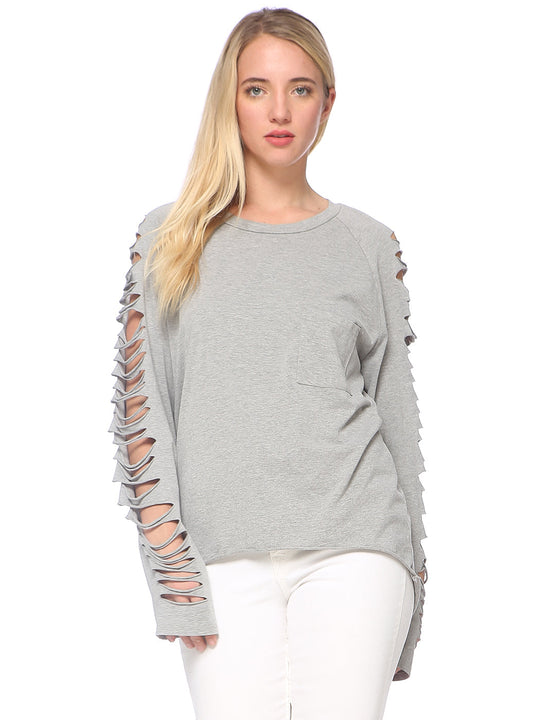 Ripped long-sleeve pullover top, light gray with arm cutout sleeve detail