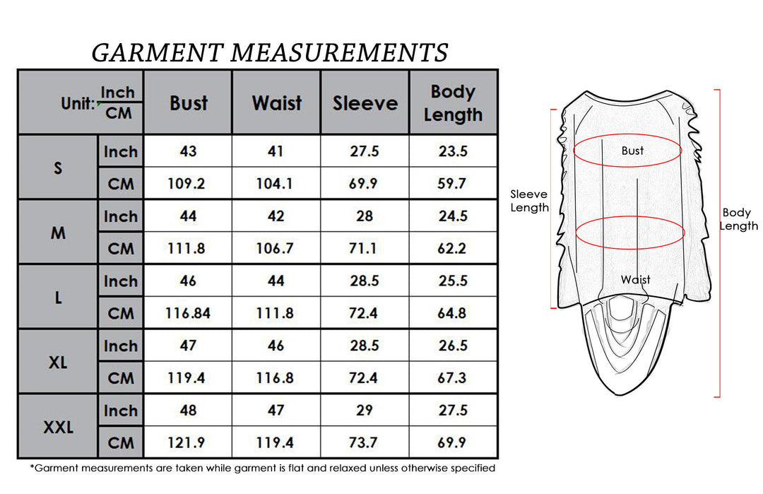 Garment measurements chart for ripped long-sleeve pullover top