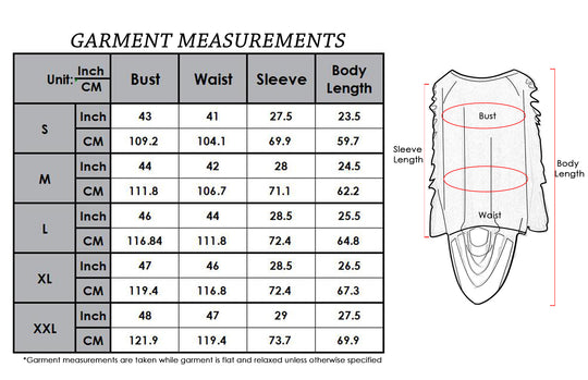 Garment measurements chart for ripped long-sleeve pullover top