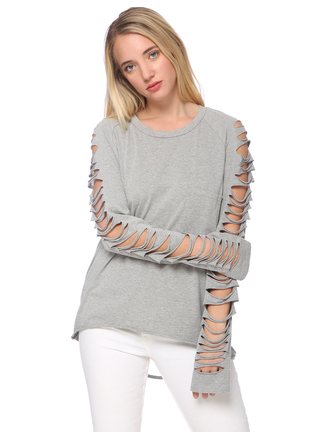 Light gray ripped long-sleeve pullover with cutout sleeves and patch pocket