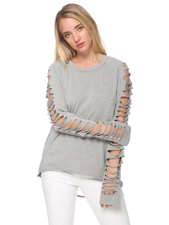 Light gray ripped long-sleeve pullover with cutout sleeves and patch pocket
