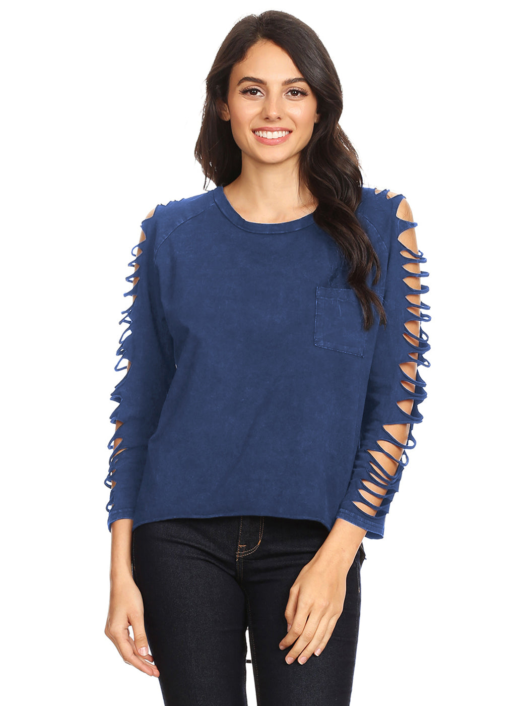 Ripped long-sleeve pullover top, navy blue with torn shoulder and sleeve openings