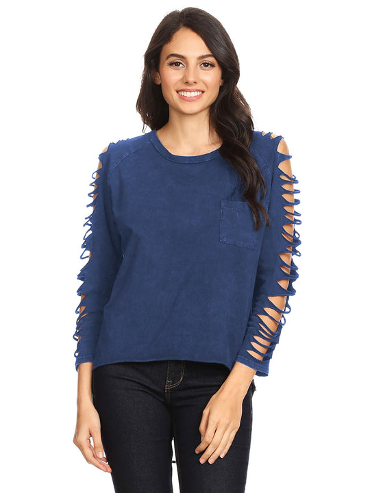 Ripped long-sleeve pullover top, navy blue with torn shoulder and sleeve openings