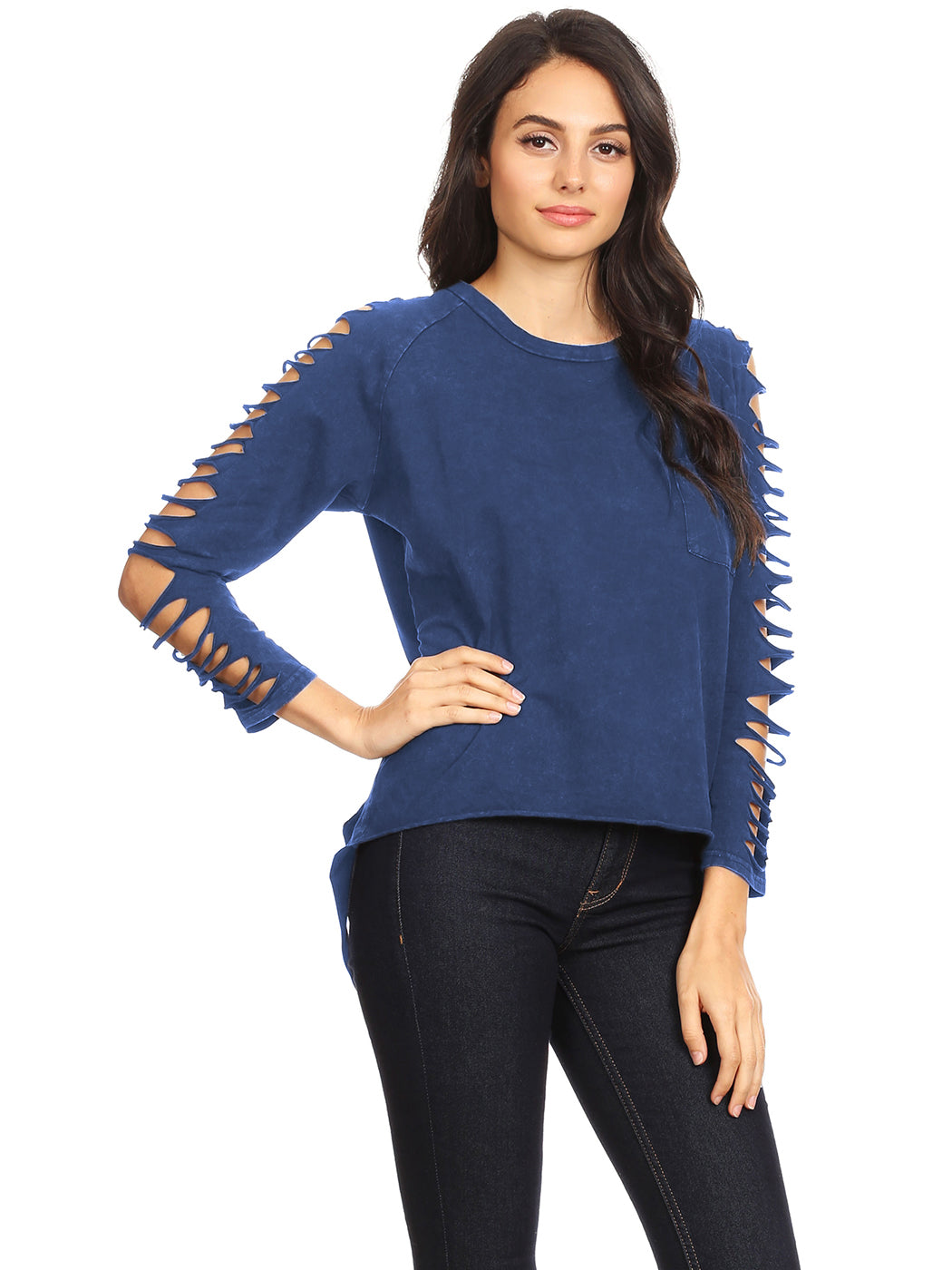 Ripped long-sleeve pullover top, navy blue with chest pocket and cut sleeves