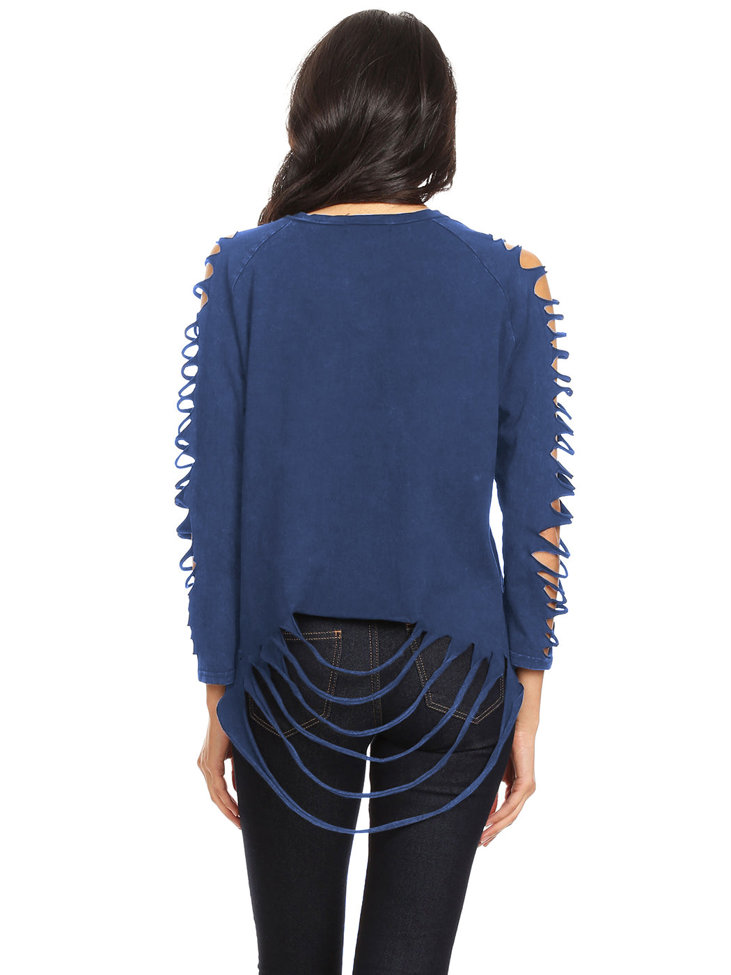 Back view of ripped long-sleeve pullover top, navy blue with slashed sleeve trim