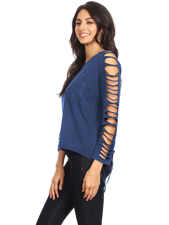 Ripped long-sleeve pullover top side view, navy blue with large sleeve cutouts