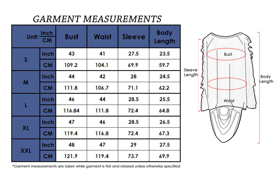 Size chart for ripped long-sleeve pullover: bust, waist, sleeve, body length