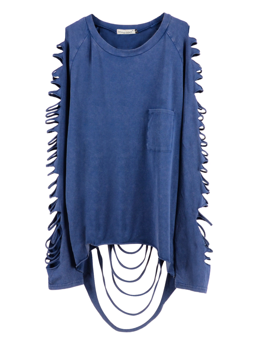 Navy long-sleeve pullover top with front pocket and slashed sleeve detail