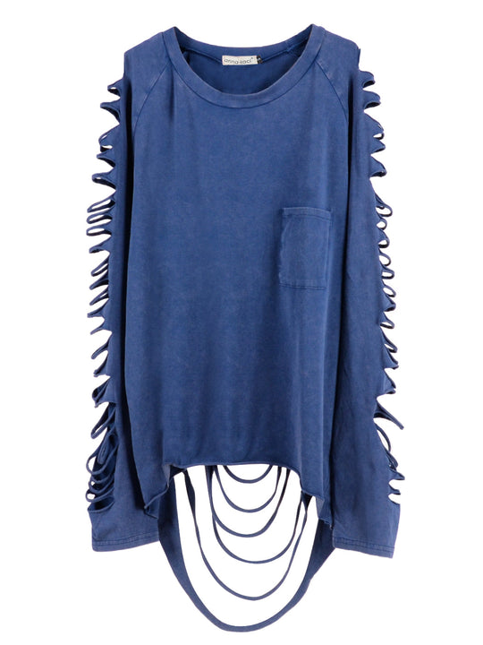 Navy long-sleeve pullover top with front pocket and slashed sleeve detail