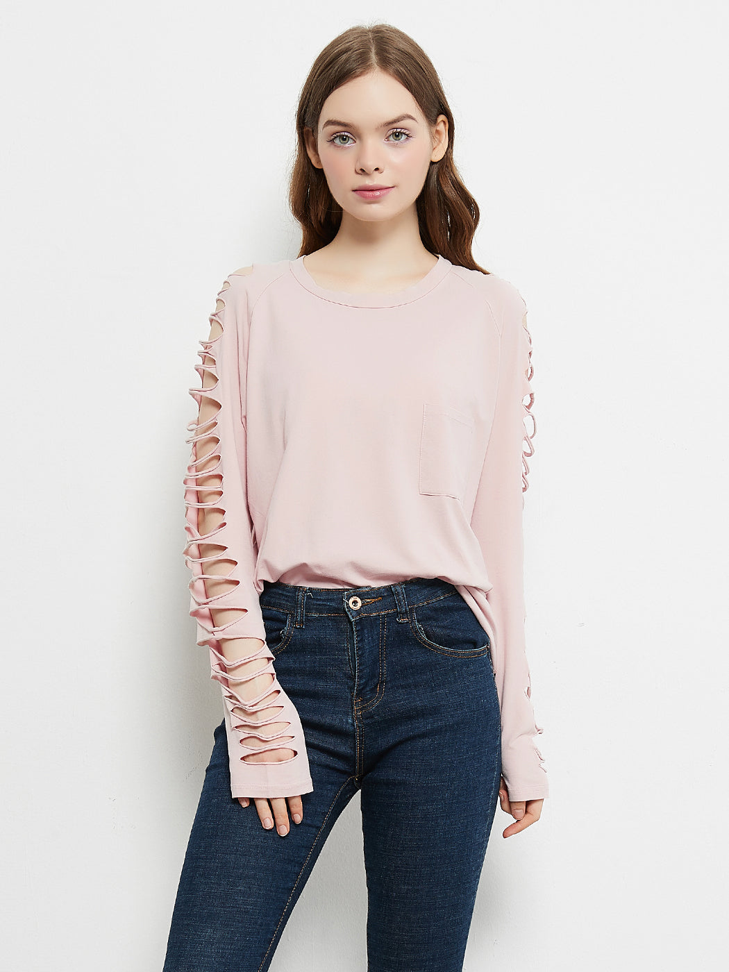 Light pink ripped long-sleeve pullover with lace-up sleeve cutouts and chest pocket