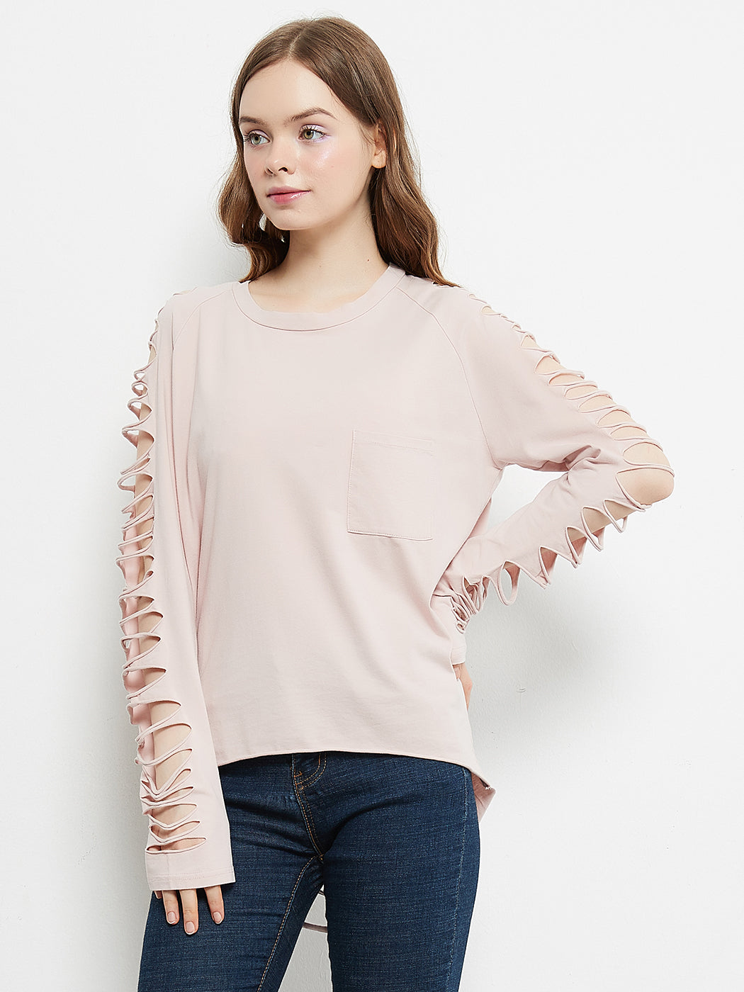 Light pink ripped long-sleeve pullover with chest pocket and lace-up sleeves