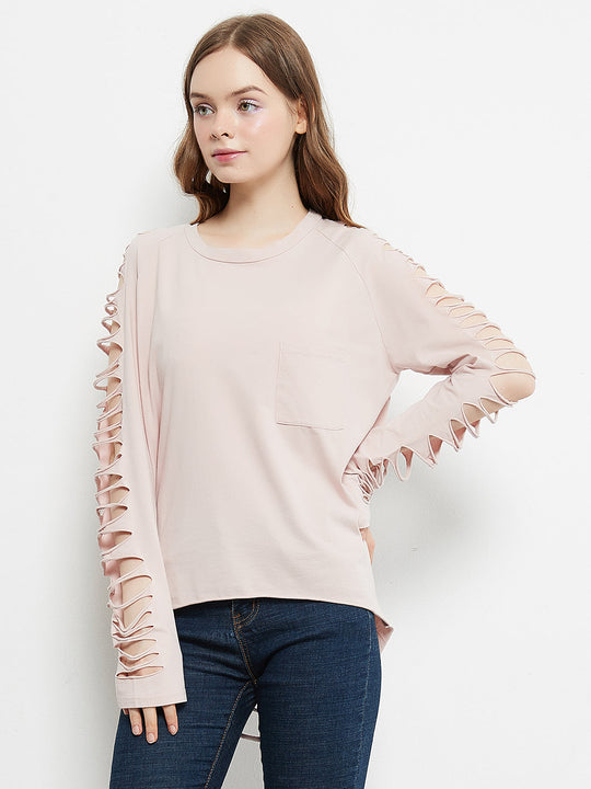 Light pink ripped long-sleeve pullover with chest pocket and lace-up sleeves
