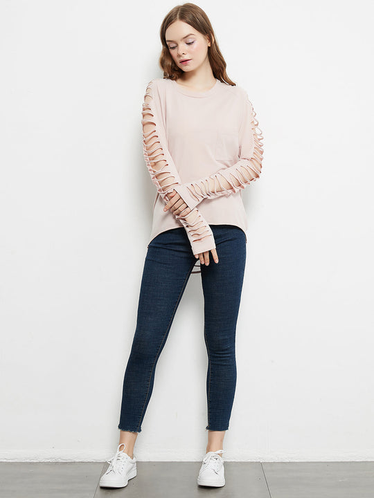 Light pink long-sleeve pullover with lace-up sleeve cutouts and front chest pocket