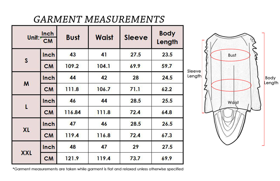 Size chart for ripped long-sleeve pullover: bust, waist, sleeve, body length