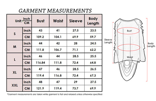 Size chart for ripped long-sleeve pullover: bust, waist, sleeve, body length