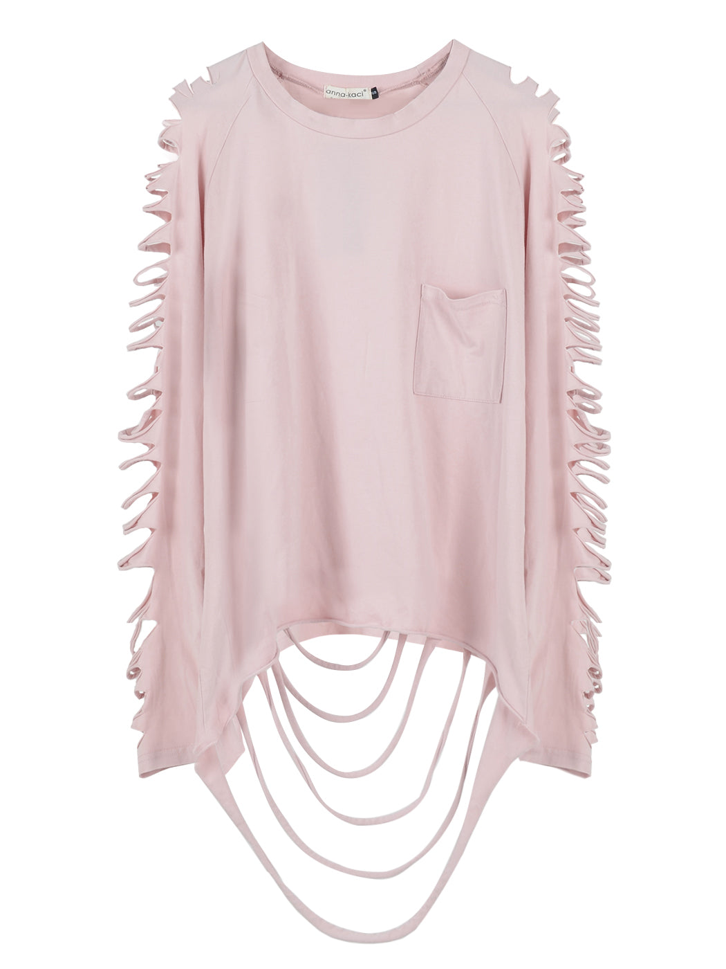 Light pink pullover top with long sleeves featuring lace-up rips and chest pocket