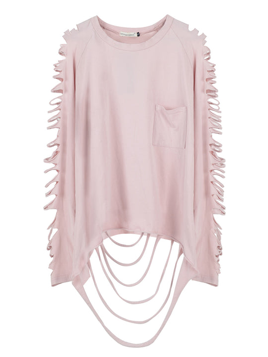 Light pink pullover top with long sleeves featuring lace-up rips and chest pocket
