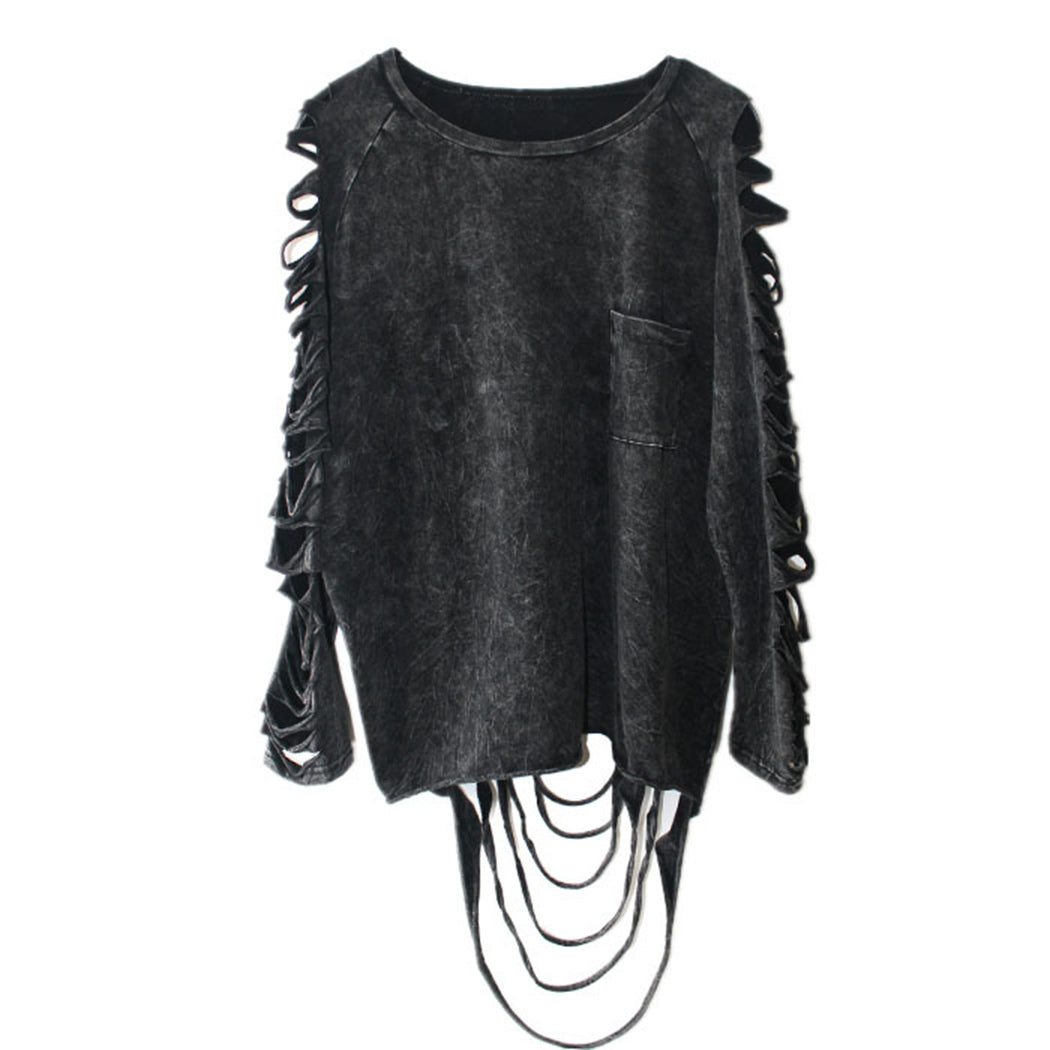 Black long-sleeve pullover top with slashed, lace-up sleeves and chest pocket